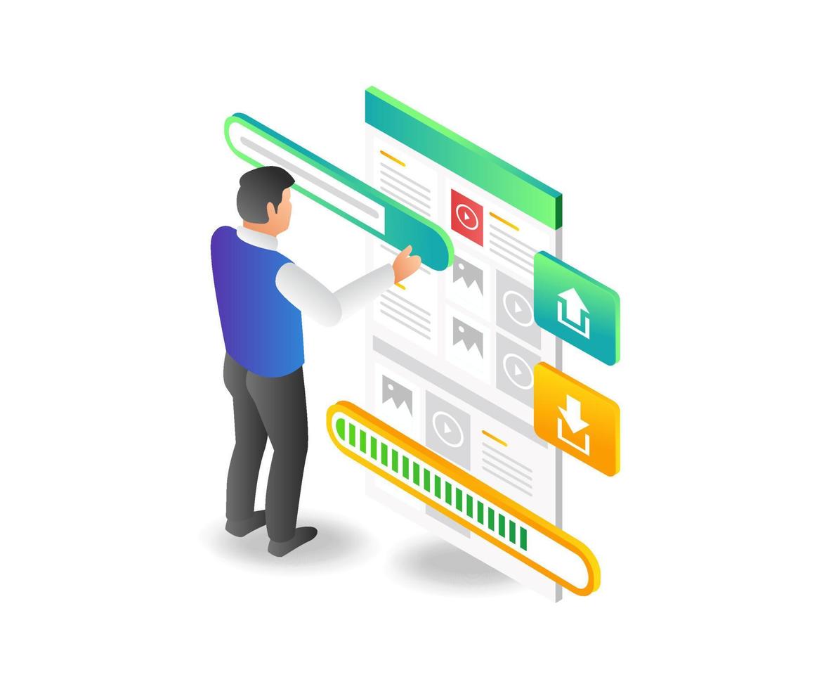 Flat isometric illustration of the concept of men downloading pictures on the internet vector