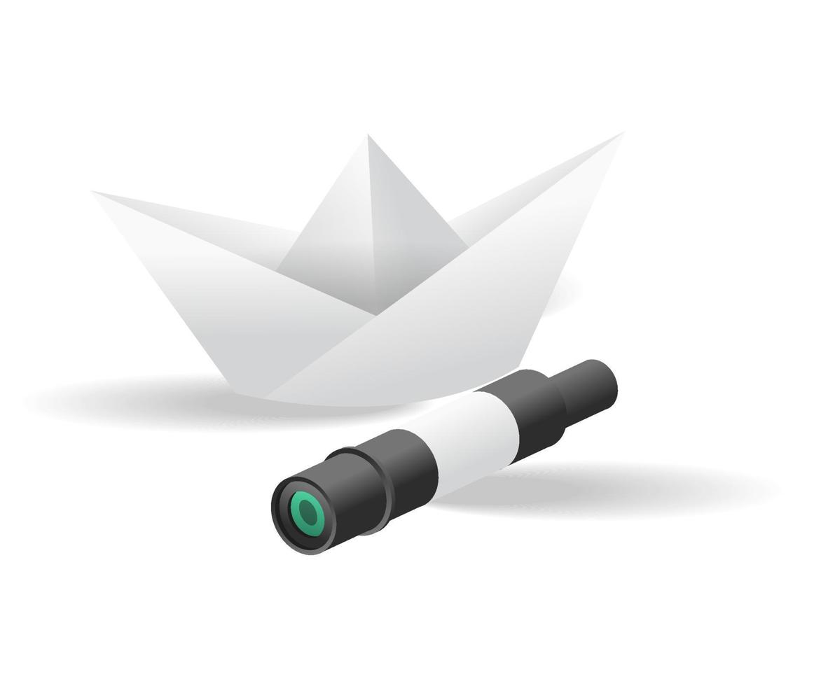 Flat 3d isometric illustration concept of binoculars and paper boat vector