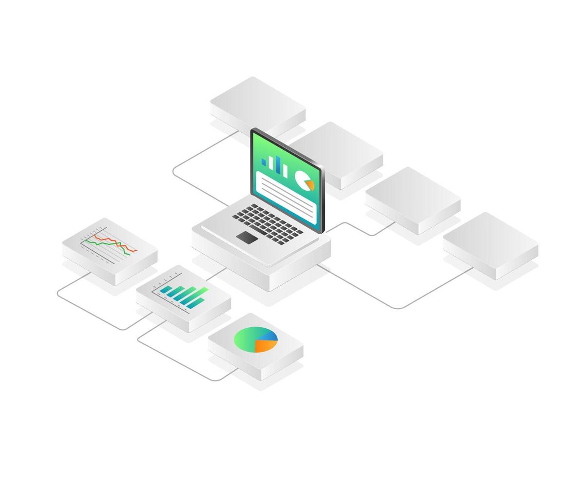 Flat isometric illustration of computer analysis branch network screen concept vector