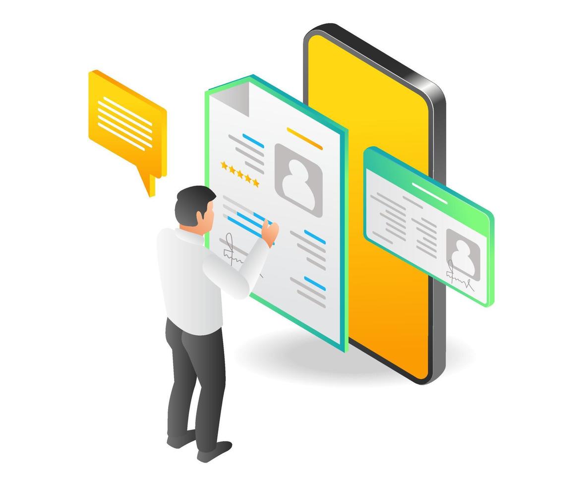 Flat isometric illustration of filling personal data with smartphone vector