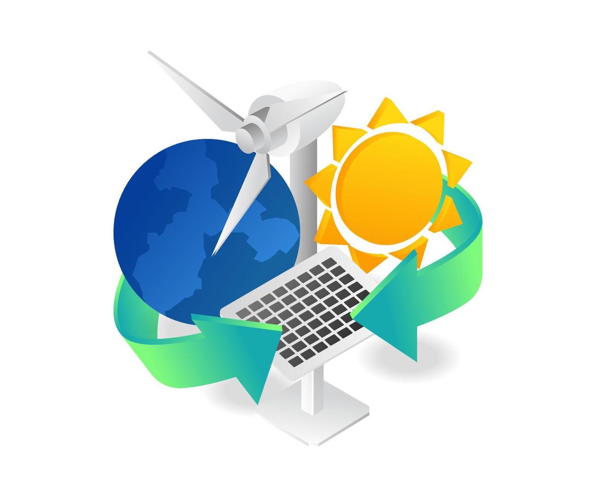 Flat isometric illustration concept of solar panel technology and windmill vector