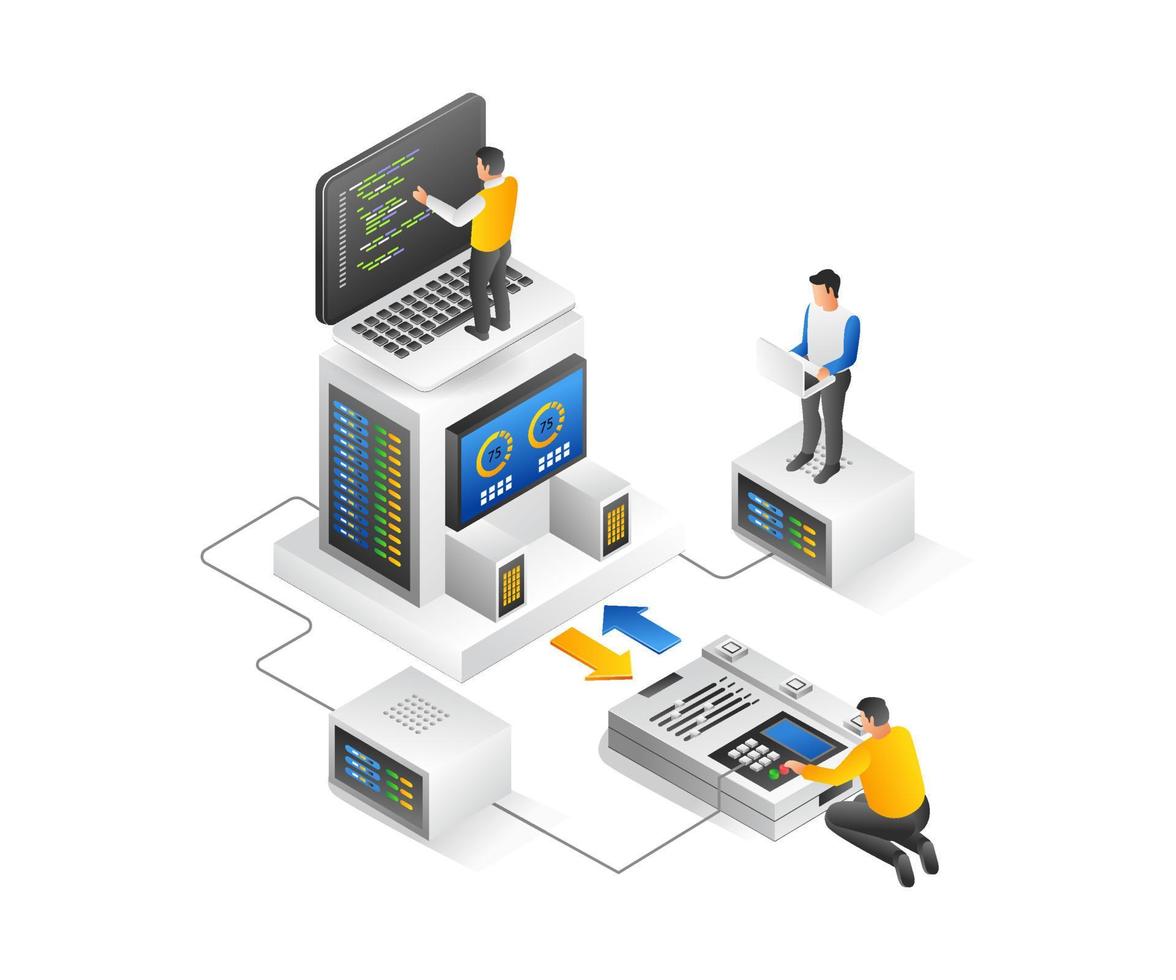 concepto de ilustración isométrica plana del equipo de desarrollo web y alojamiento de aplicaciones vector