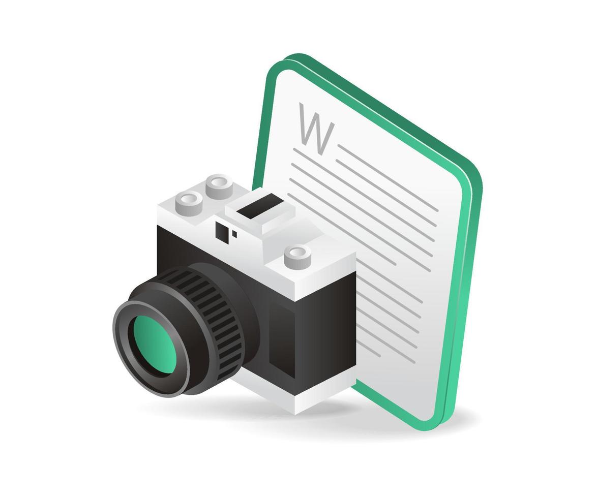 Isometric flat 3d concept illustration of camera and writing sheet vector