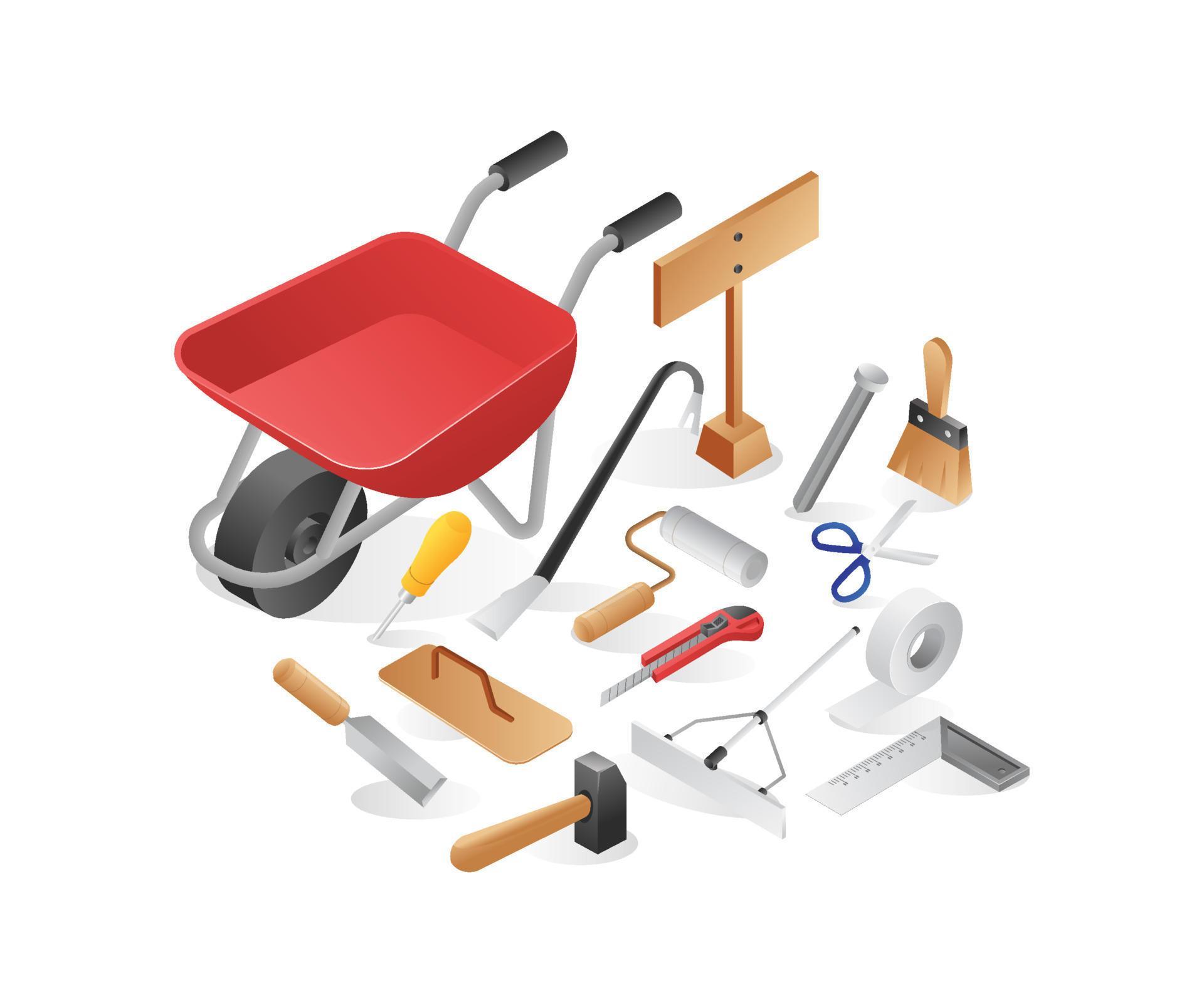 Flat isometric illustration concept of a set of manual builder tools