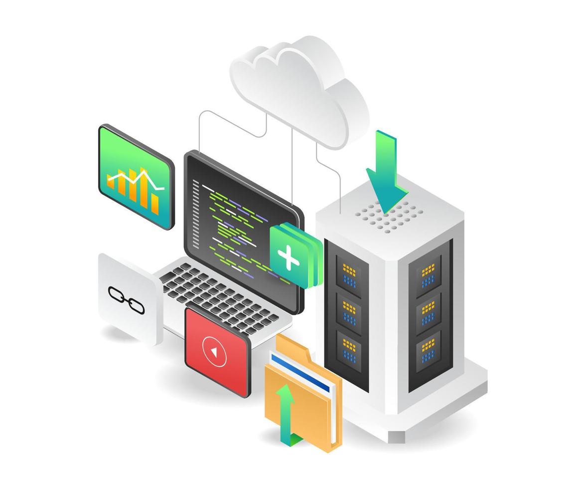 Isometric concept illustration of computer programmer cloud server vector