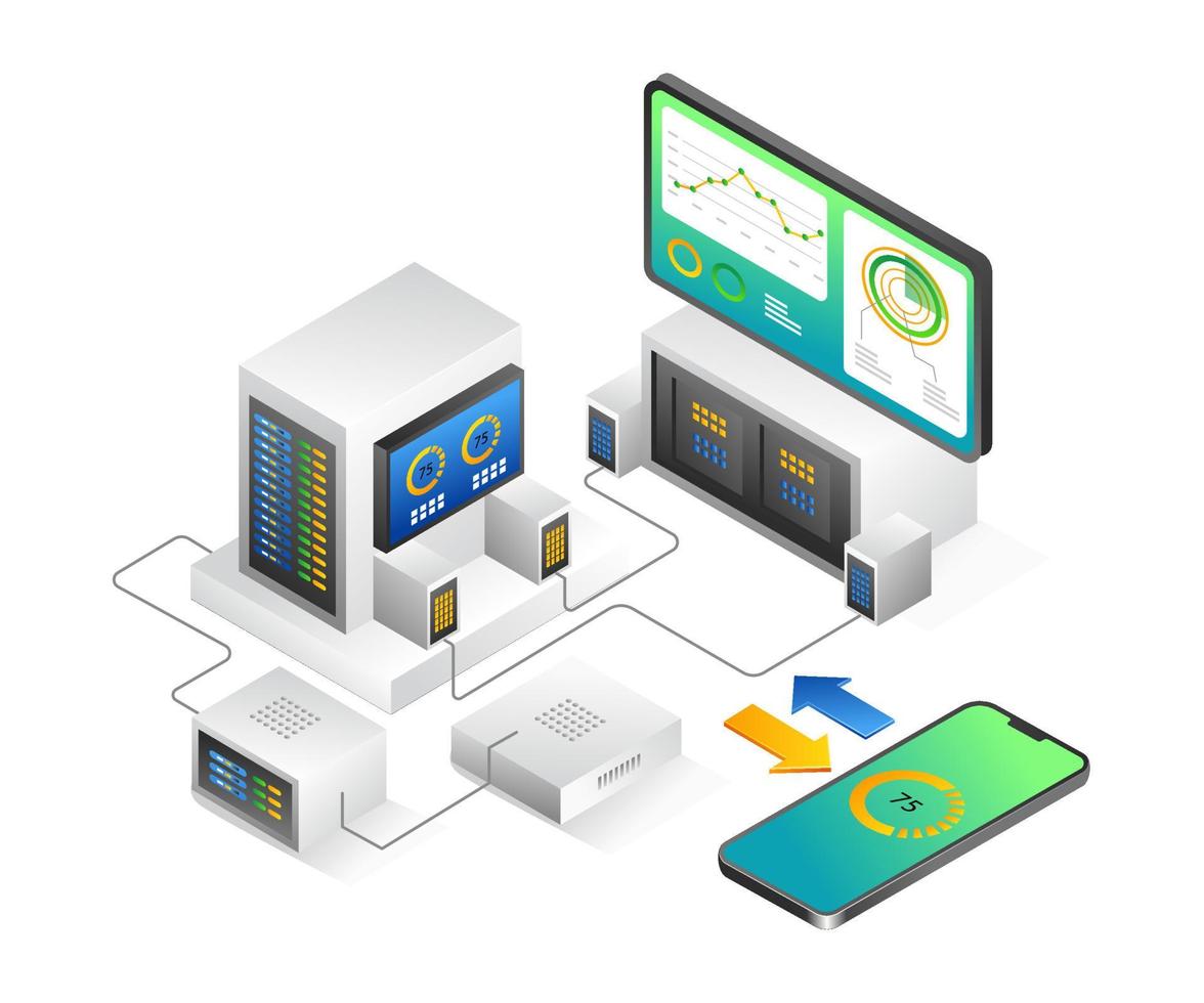 servidor smarpon de análisis de datos de ilustración isométrica plana vector