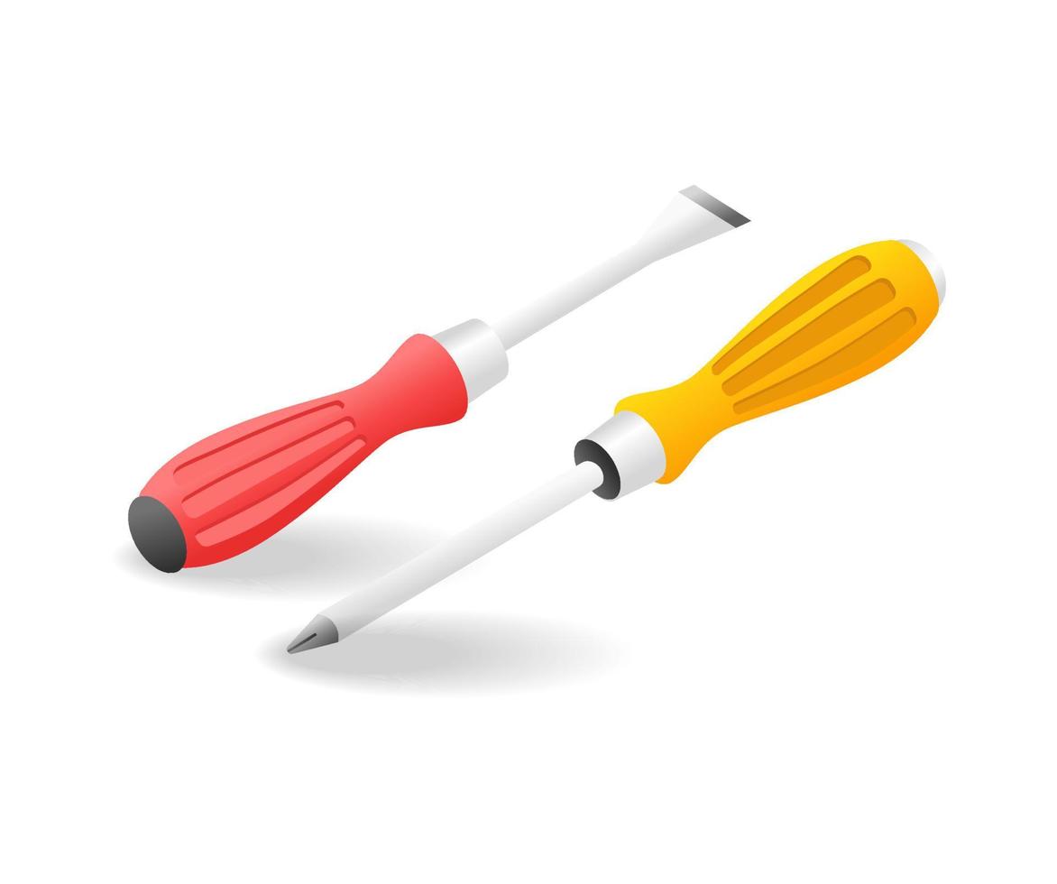 Isometric flat 3d illustration concept of a pair of repair screwdrivers vector