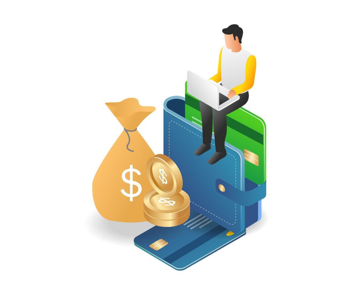 Flat isometric illustration concept of man making money online vector