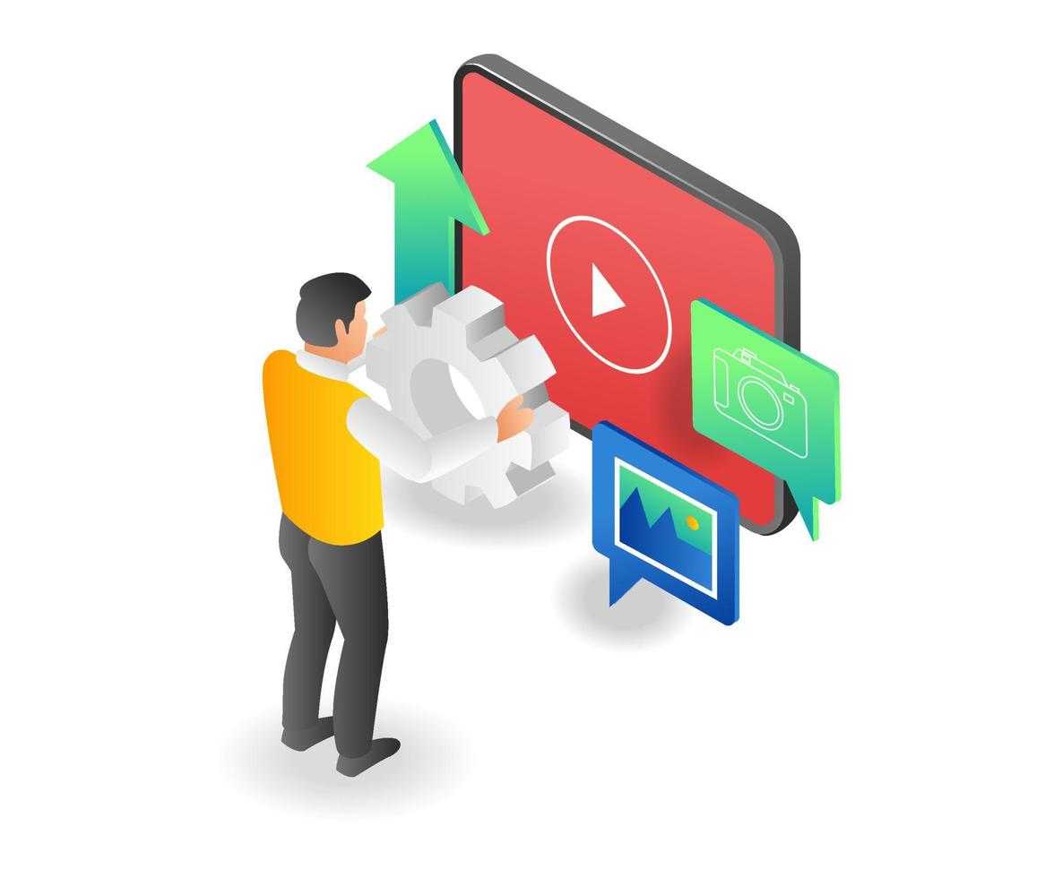 Concept isometric illustration of man setting creative content video vector