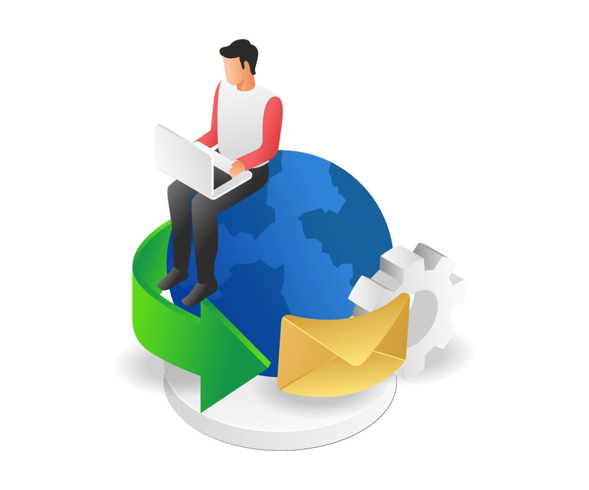 Flat isometric illustration concept of man sending email over the globe vector