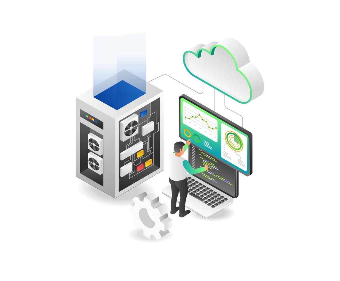 Flat isometric illustration concept technician programmer cloud server analyst vector