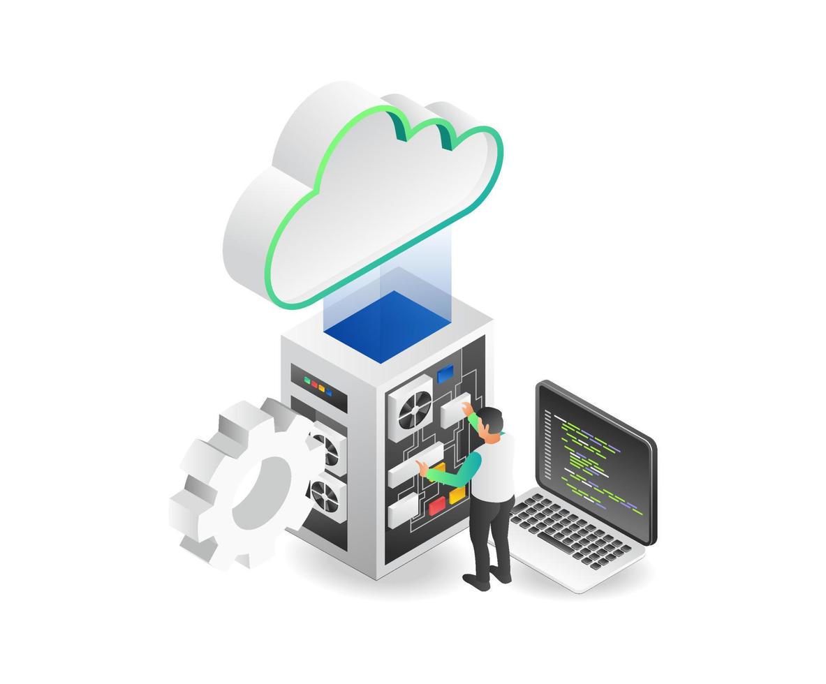 concepto de ilustración isométrica plana del servidor de nube del programador técnico vector