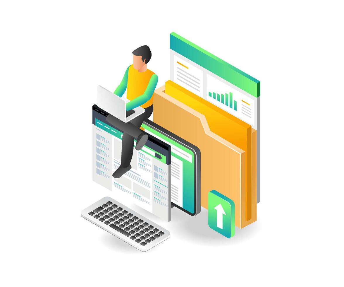 Flat isometric illustration concept of man working on computer data analysis vector