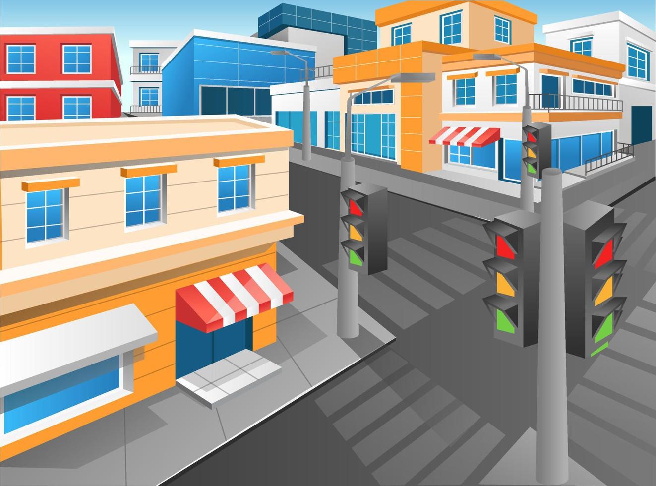 Flat concept 3d isometric illustration background perspective corner of modern city crossroad vector