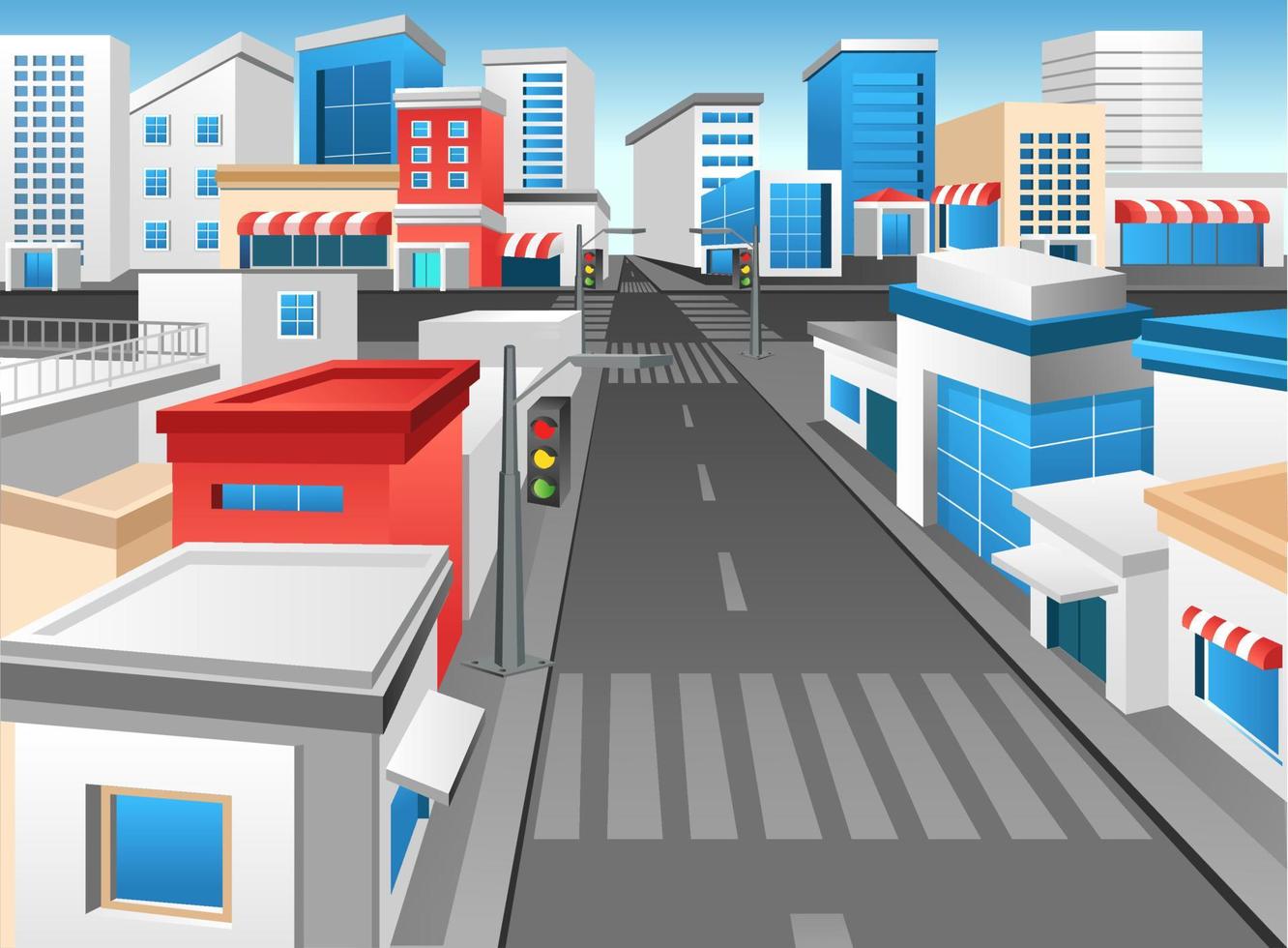 Flat 3d concept isometric illustration lanscape perspective modern city street corner vector