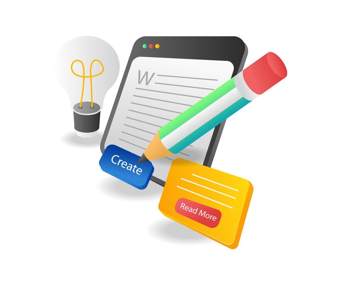 Isometric flat 3d concept illustration creative idea of making blog article layouts vector
