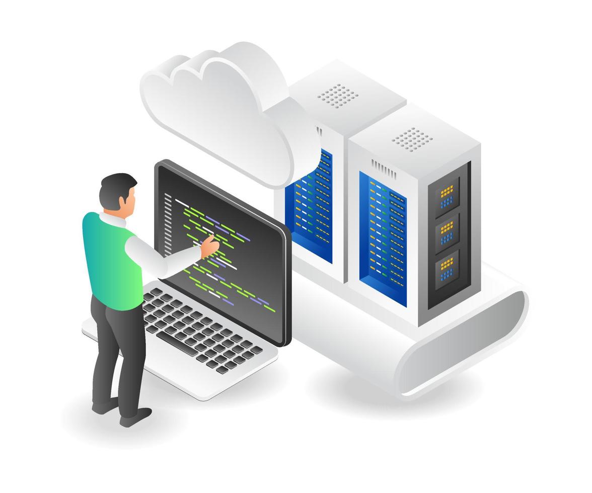 Concept isometric illustration of man setting cloud server program vector