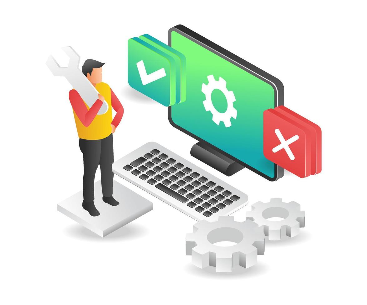 Isometric illustration flat concept of man servicing software update vector