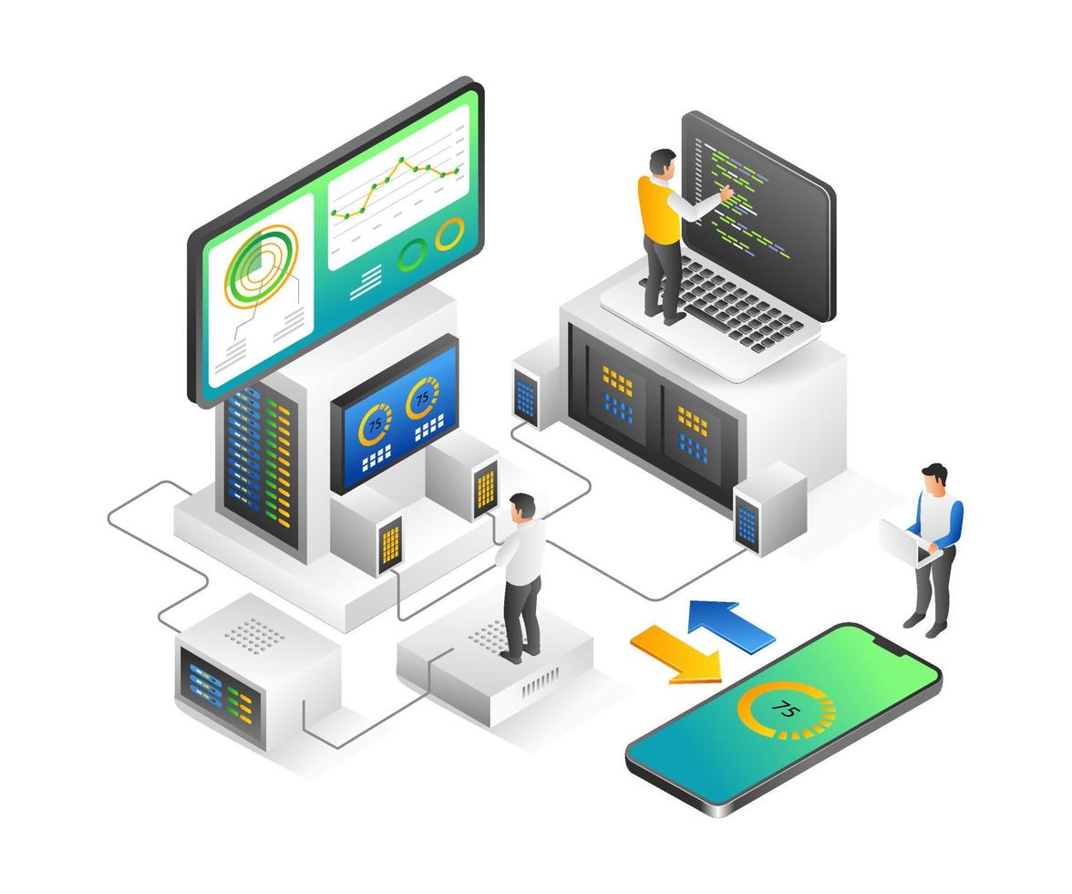 concepto de ilustración isométrica plana del equipo de desarrolladores que crea una computadora y una aplicación para teléfonos inteligentes vector