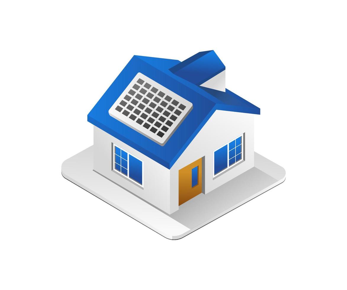 Flat 3d isometric illustration concept of minimalist house with solar panels vector