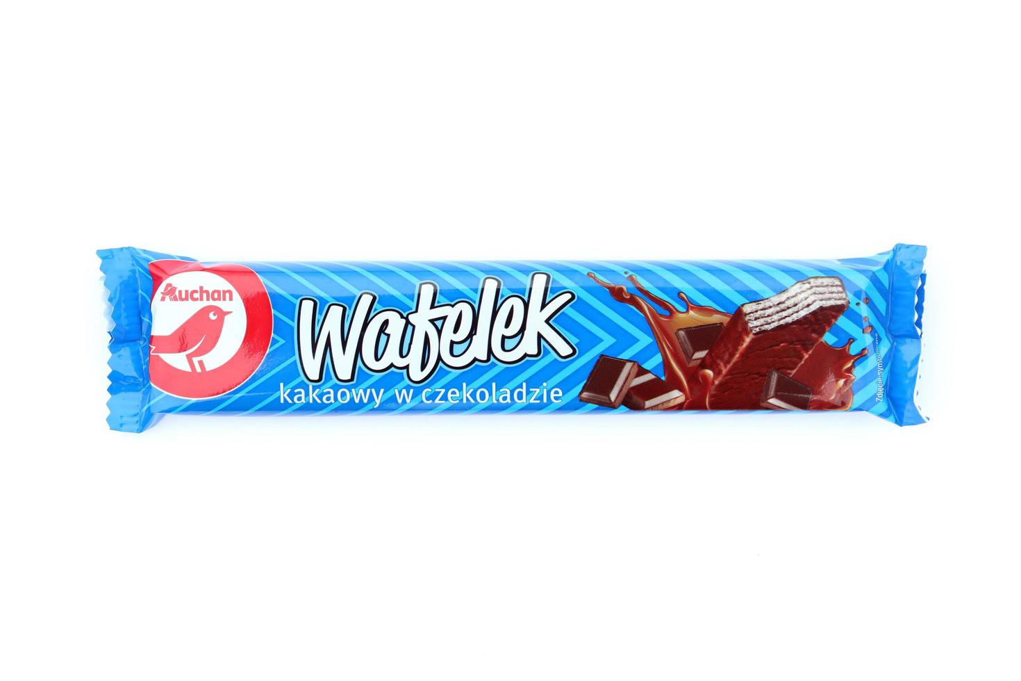 KHARKOV, UKRAINE - JANUARY 3, 2021 Wafelek chocolate wafer product by Auchan, a French multinational retail group in Croix, France photo