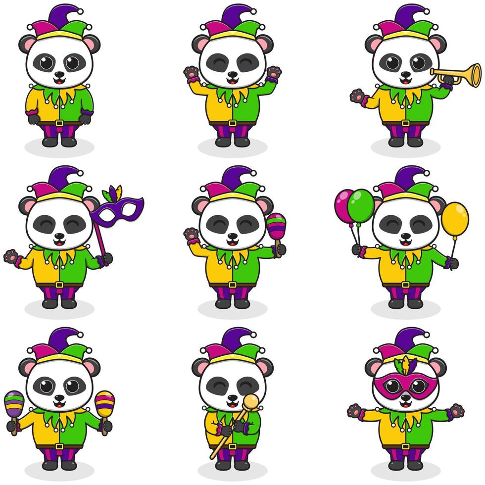Vector illustration Panda wearing mardi gras clothes in different poses isolated on white background. A cartoon illustration of a Mardi Gras Panda . Mardi Gras jester, set.