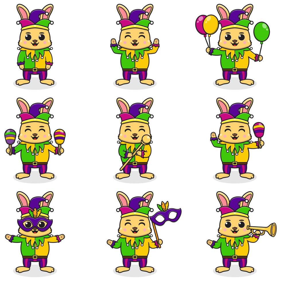 Vector illustration Rabbit wearing mardi gras clothes in different poses isolated on white background. A cartoon illustration of a Mardi Gras Rabbit. Mardi Gras jester, set.