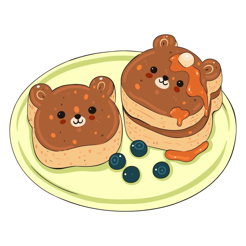 Kawaii Japanese puffy pancakes in the shape of bear faces. Vector graphics.