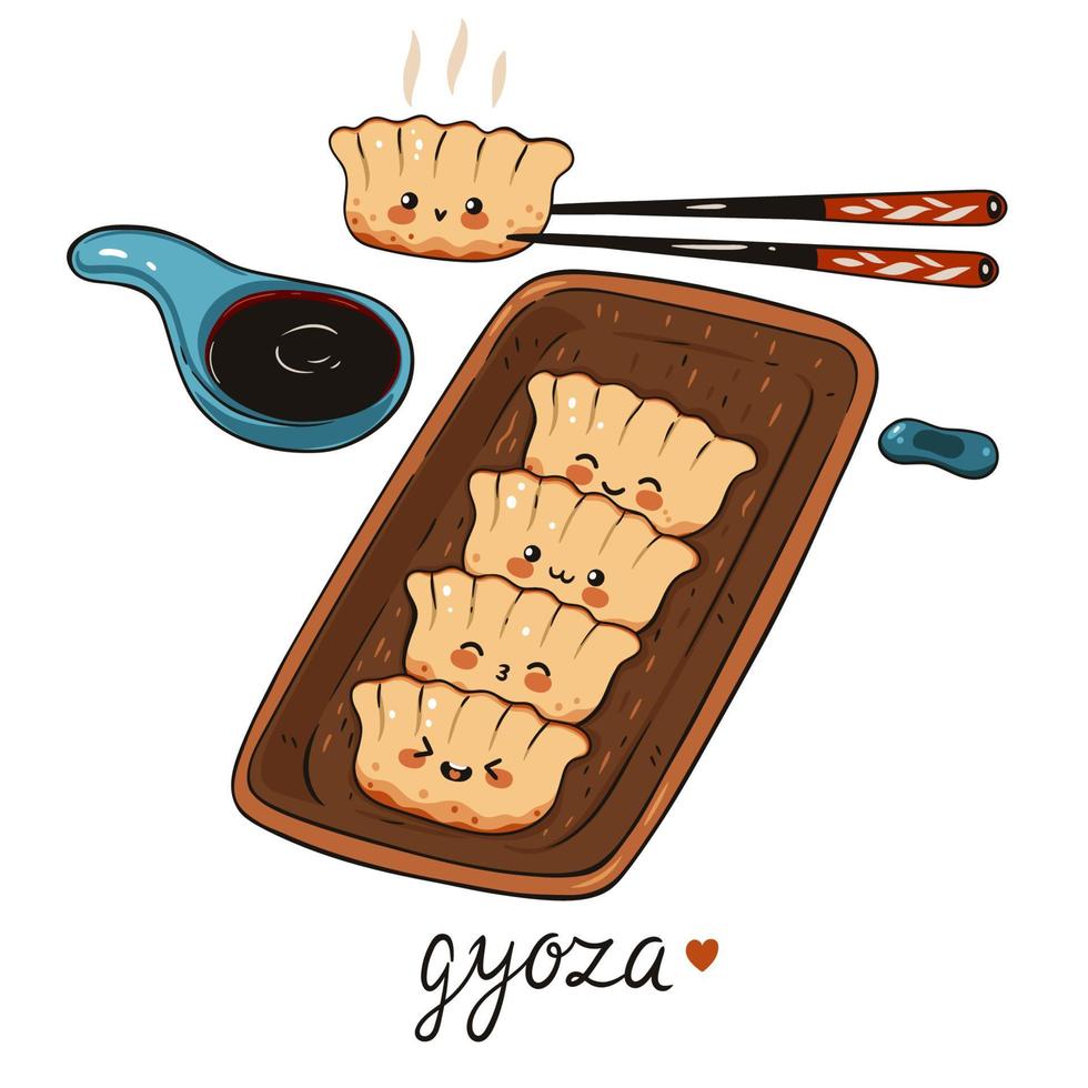 Kawaii gyoza in wooden plate isolated on white background. Vector graphics.