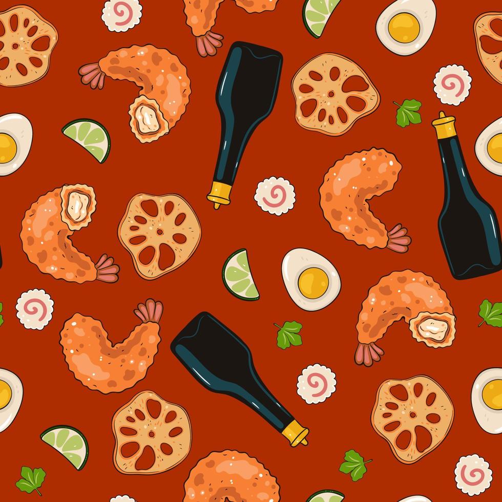 Seamless pattern with tempura shrimp, soy sauce, narutomaki, eggs, lime, lotus root. Vector graphics.