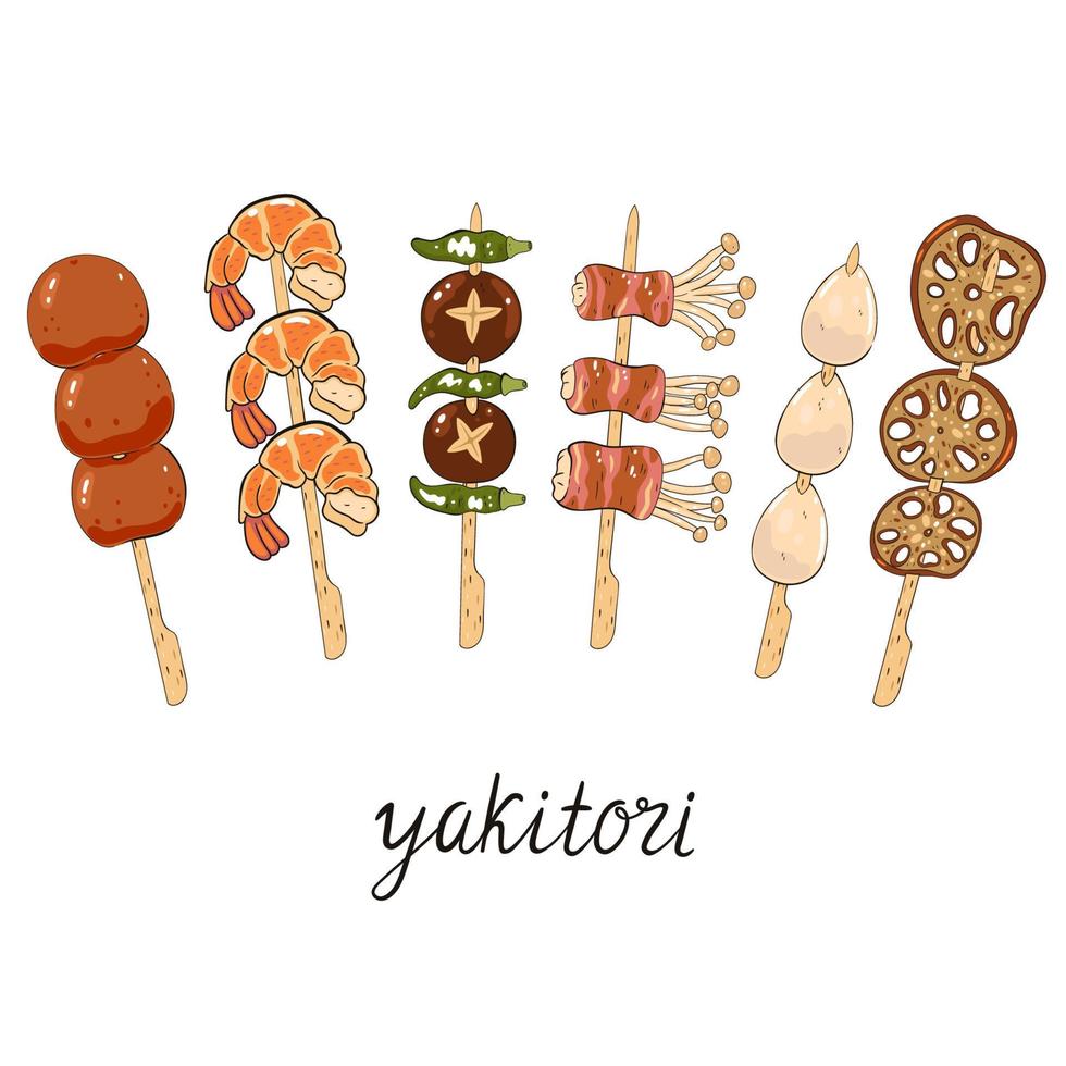 Set of different yakitori isolated on white background. Vector graphics.