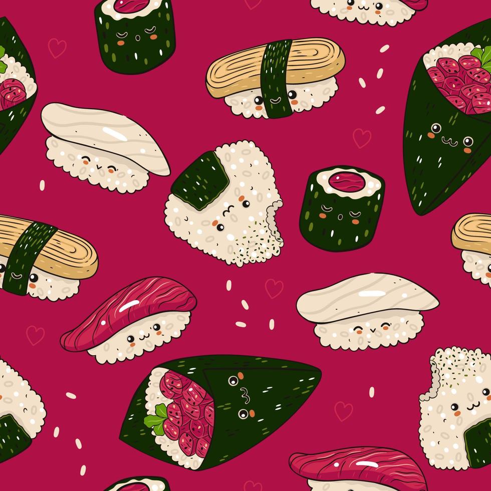 Seamless pattern with kawaii sushi and onigiri. Vector graphics.
