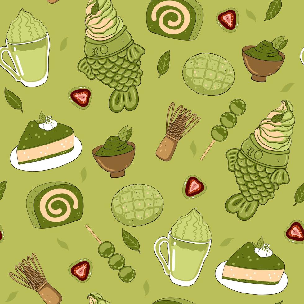 Seamless pattern with green matcha powder, food, drinks and leaves.Vector graphics. vector