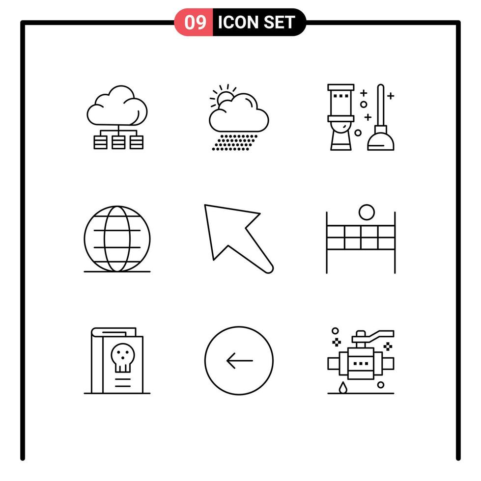 Mobile Interface Outline Set of 9 Pictograms of left world toilet security globe Editable Vector Design Elements