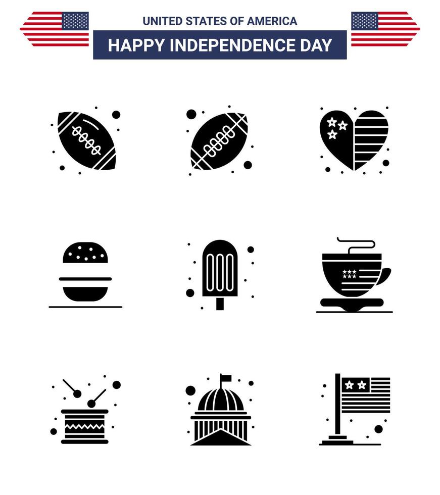 USA Happy Independence DayPictogram Set of 9 Simple Solid Glyphs of coffee tea burger ice cream cream Editable USA Day Vector Design Elements