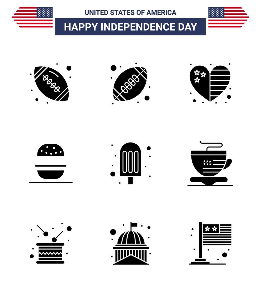 usa feliz día de la independencia pictograma conjunto de 9 glifos sólidos simples de café té hamburguesa helado editable usa día elementos de diseño vectorial vector