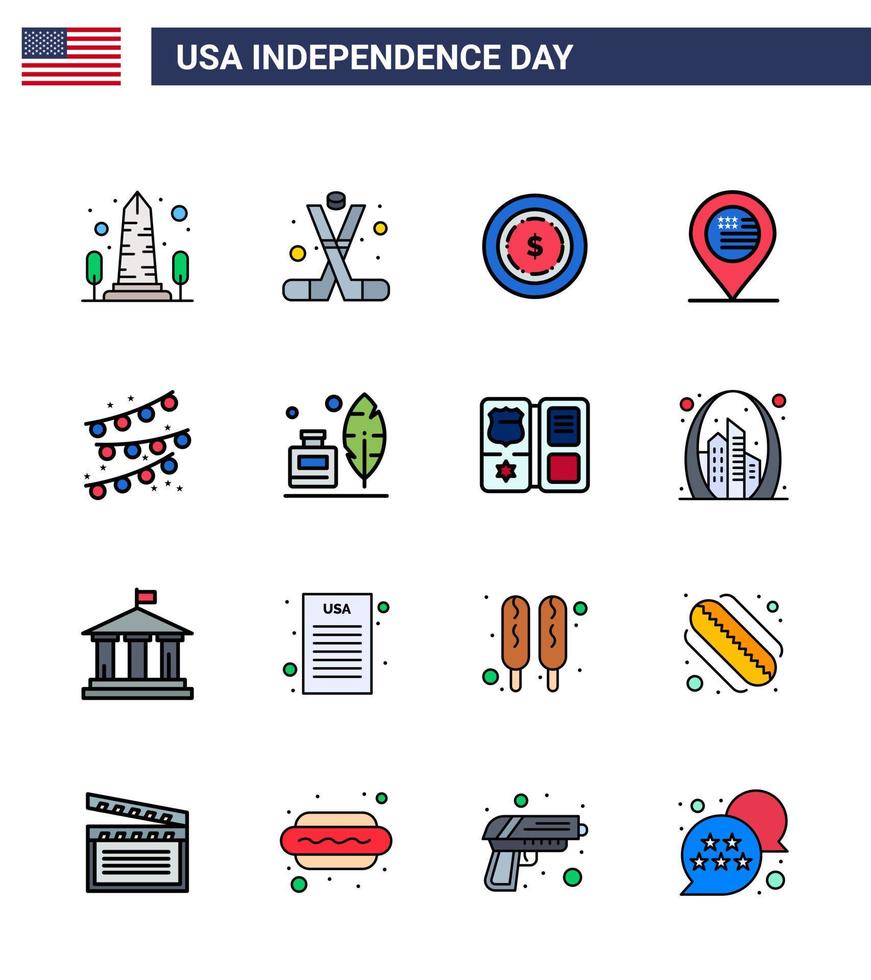 Set of 16 USA Day Icons American Symbols Independence Day Signs for buntings map american location maony Editable USA Day Vector Design Elements