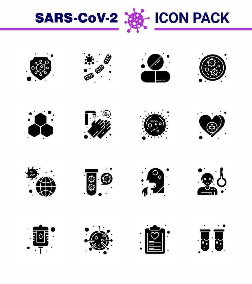 CORONAVIRUS 16 Solid Glyph Black Icon set on the theme of Corona epidemic contains icons such as chemistry germs blood bacteria pill viral coronavirus 2019nov disease Vector Design Elements