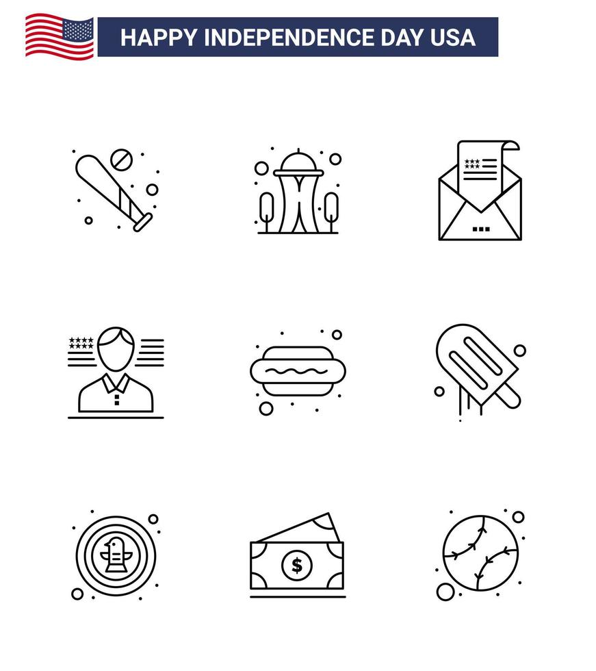 Happy Independence Day USA Pack of 9 Creative Lines of hot dog american space man invitation Editable USA Day Vector Design Elements
