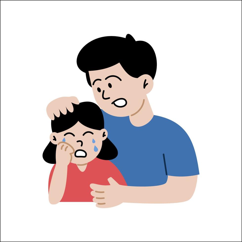 Father soothes crying daughter. Cute cartoon characters isolated on white background. Colorful vector illustration in flat style.