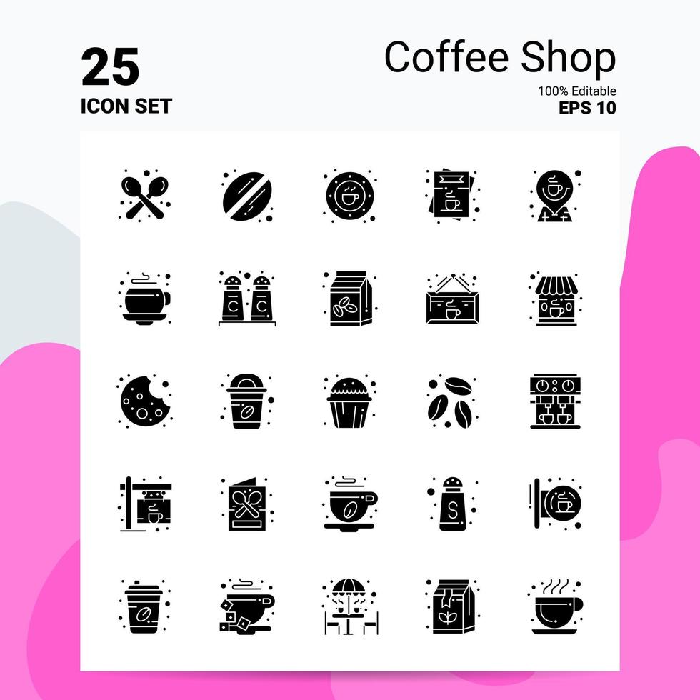 25 conjunto de iconos de cafetería 100 archivos editables eps 10 ideas de concepto de logotipo de empresa diseño de icono de glifo sólido vector