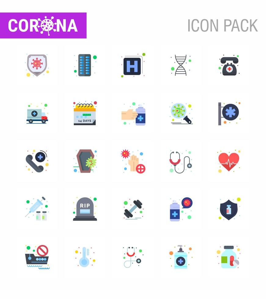 CORONAVIRUS 25 Flat Color Icon set on the theme of Corona epidemic contains icons such as emergency medical assistance hospital doctor on call genetics viral coronavirus 2019nov disease Vector De