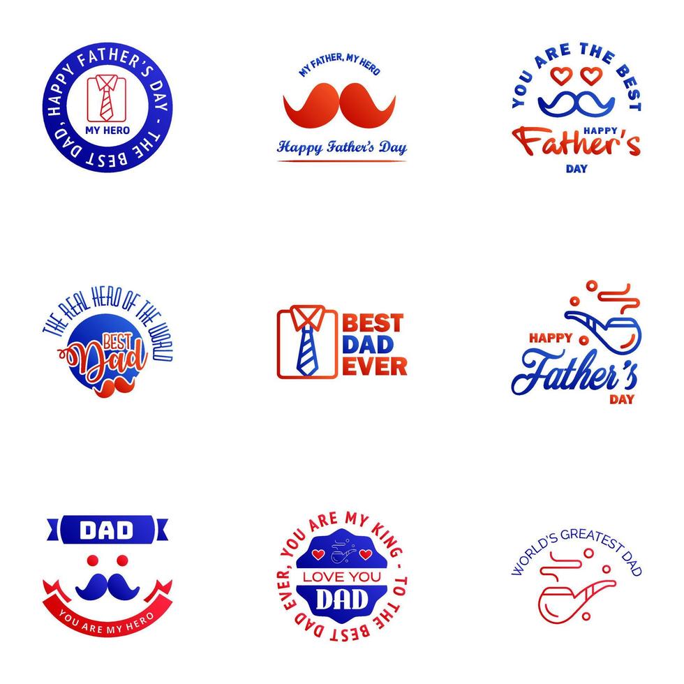 Set of Happy Fathers day elements 9 Blue and red Vector illustration Editable Vector Design Elements