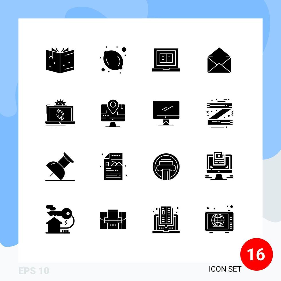 Pack of 16 Modern Solid Glyphs Signs and Symbols for Web Print Media such as reporting processing laptop data message Editable Vector Design Elements
