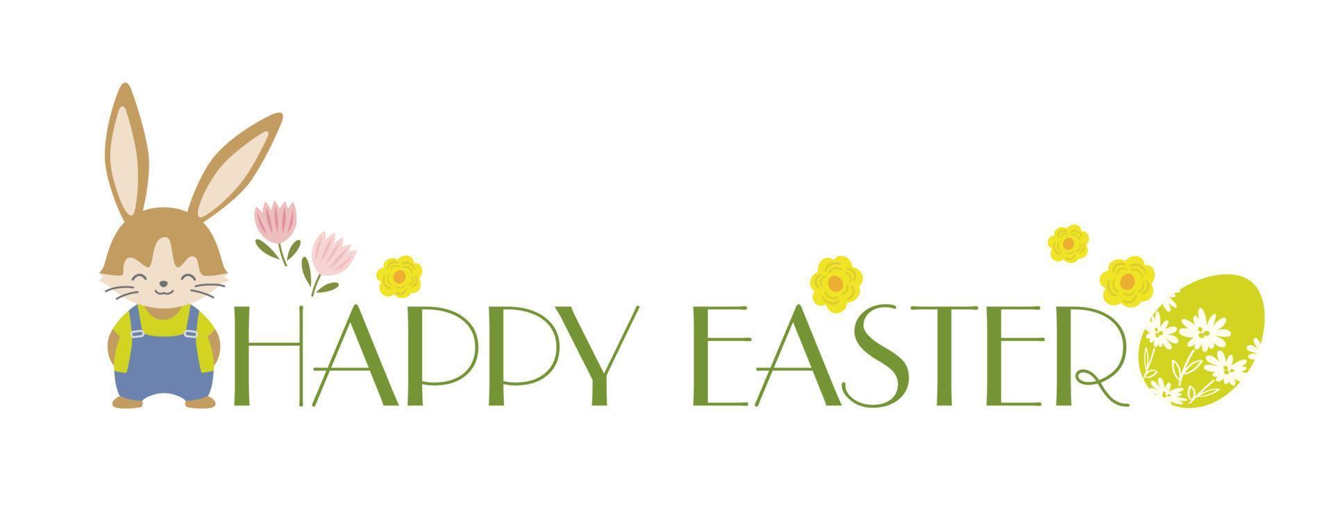 Happy Easter Vector Colorful Symbol Logo With A Cartoonish Easter Bunny And An Egg Isolated On A White Background.