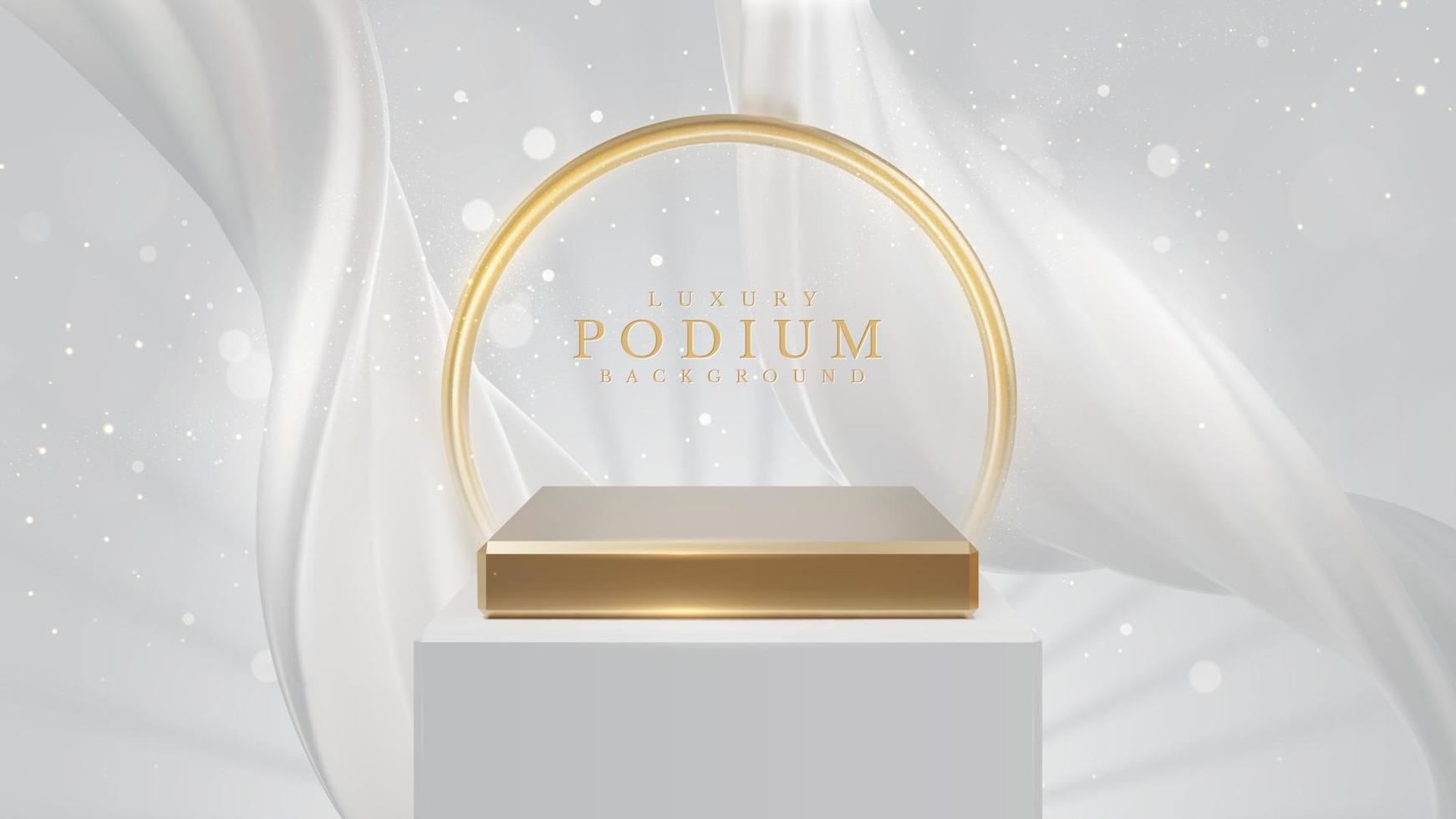 Product display podium with white liquid element with golden curve lines decoration and glitter light effect. Realistic luxury style design. Vector illustration.