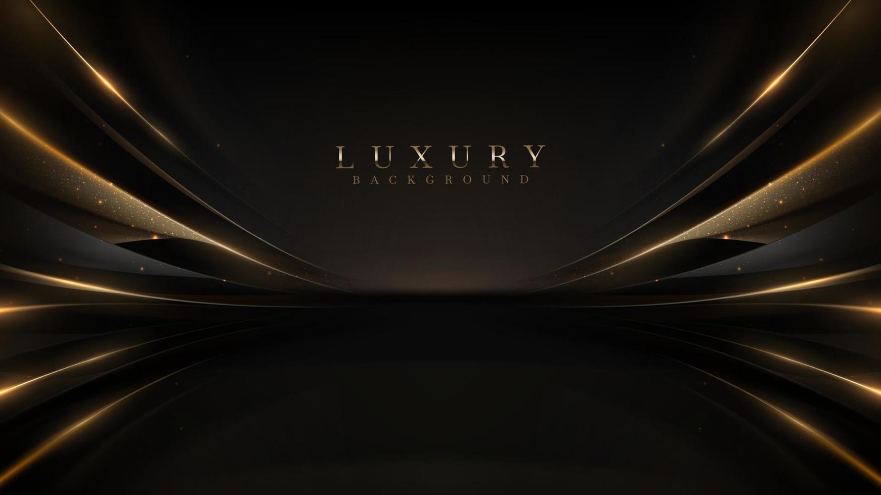 Black luxury background with golden line elements and light ray effect decoration and bokeh. vector