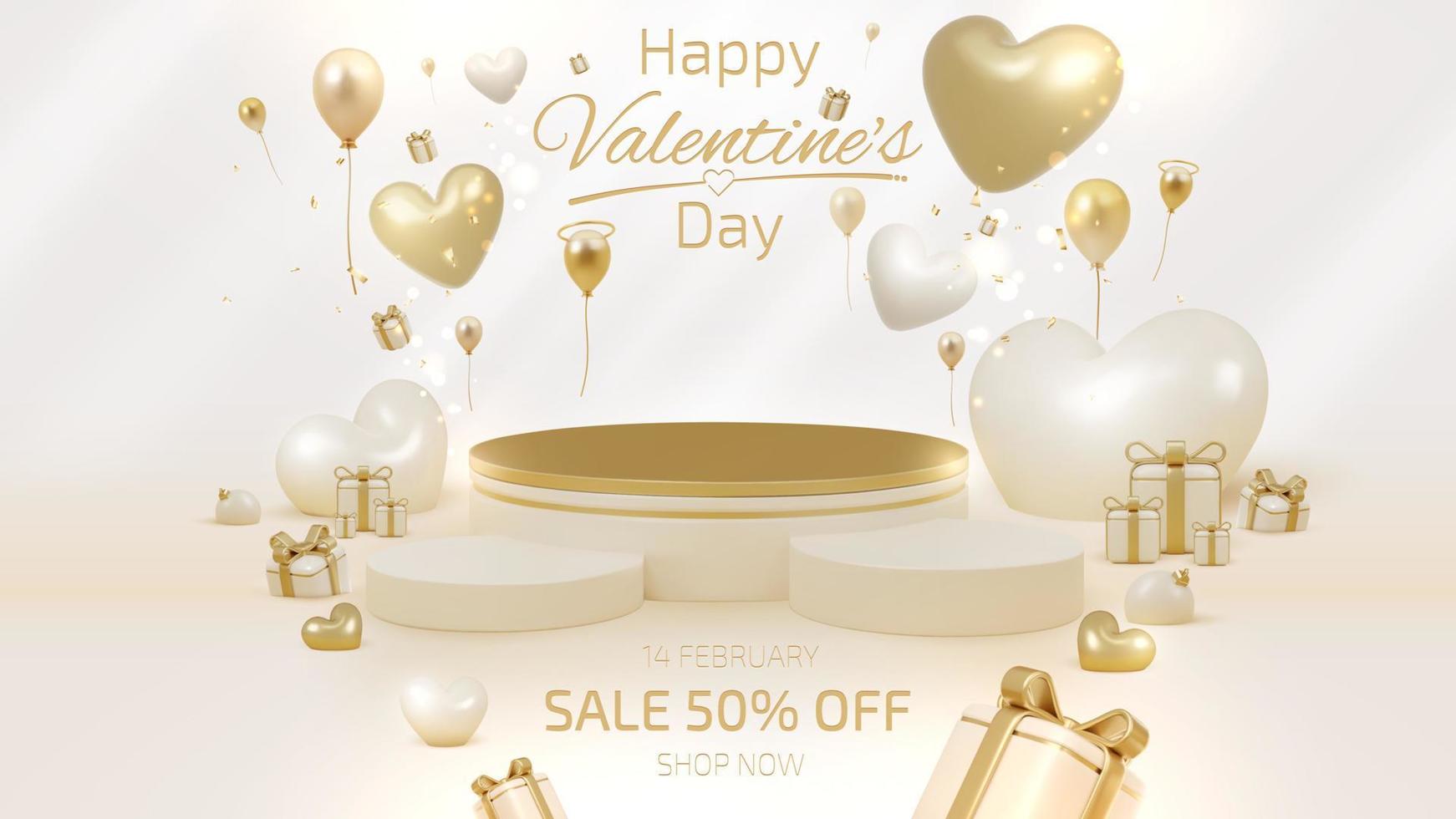 Valentine day sale banner template with 3d heart shape elements and podium for product display and light effect decorations and bokeh. Luxury background concept. Vector illustration.