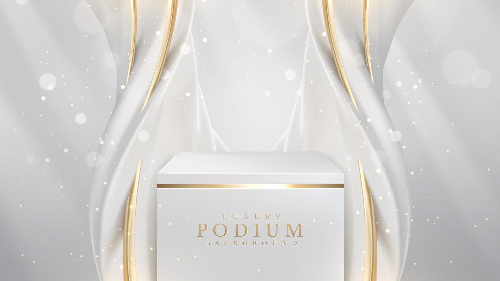Product display podium with white liquid element with golden curve lines decoration and glitter light effect. Realistic luxury style design. Vector illustration.