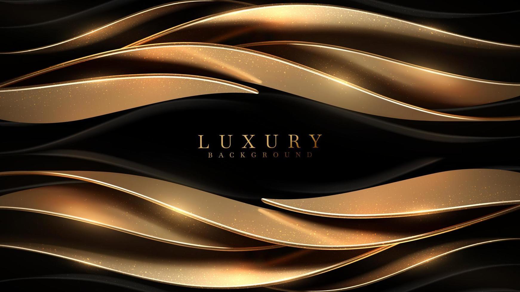 Black luxury background with 3d realistic gold curve elements and glitter light effect decoration and bokeh. Vector illustration.